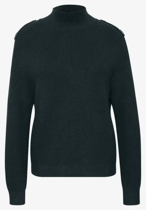 Schwarzer, hochgeschlossener Pullover mit Schulterklappen und gerippten Bündchen.
