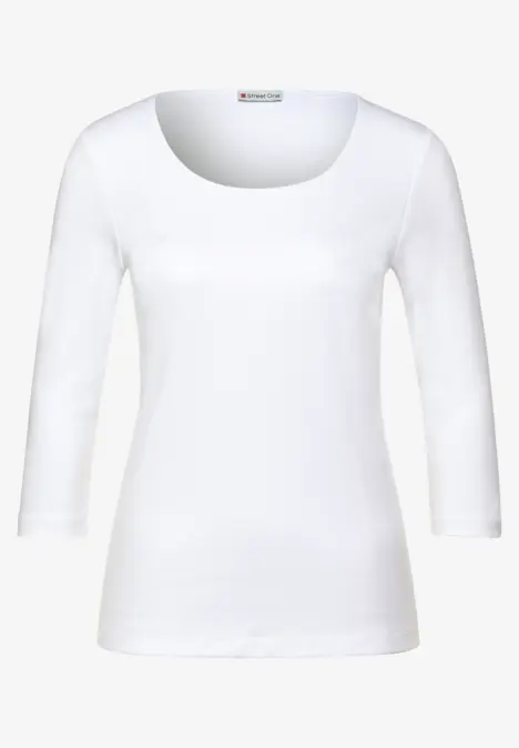 Weißes langärmeliges Damen-Shirt mit 3/4-Ärmeln und rundem Ausschnitt.