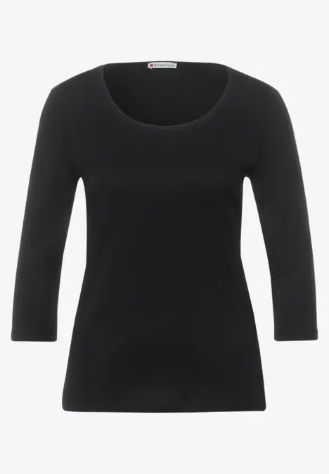 Schwarzes Damen-Shirt mit 3/4-Ärmeln und rundem Ausschnitt.