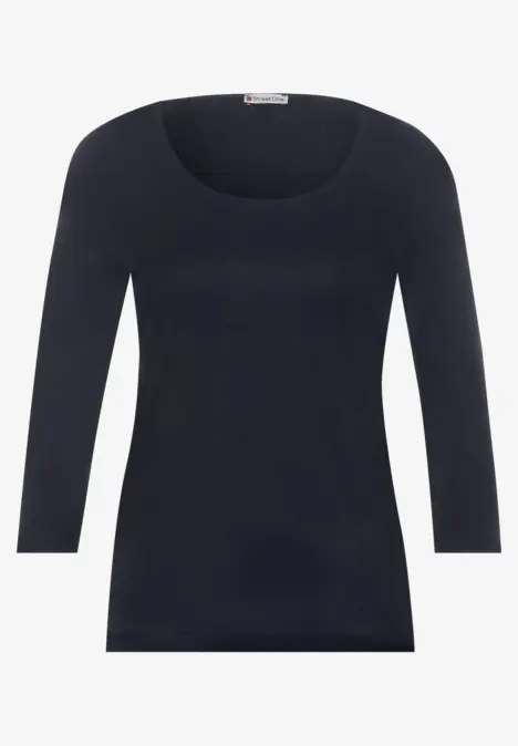 Schwarzes Damen-Shirt mit 3/4-Ärmeln und Rundhalsausschnitt.