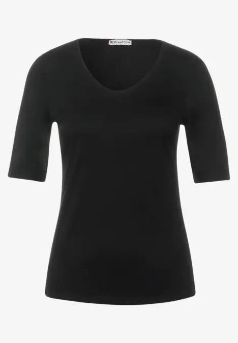 Schwarzes T-Shirt mit halblangen Ärmeln und V-Ausschnitt