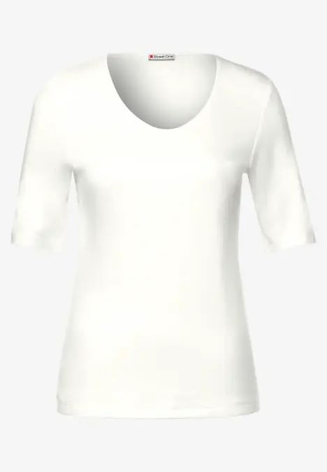 Schlichtes weißes T-Shirt mit kurzen Ärmeln, rundem Ausschnitt und taillierter Passform.