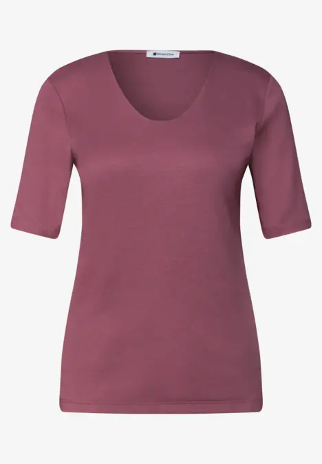 T-shirt femme bordeaux à manches mi-longues et encolure ronde.