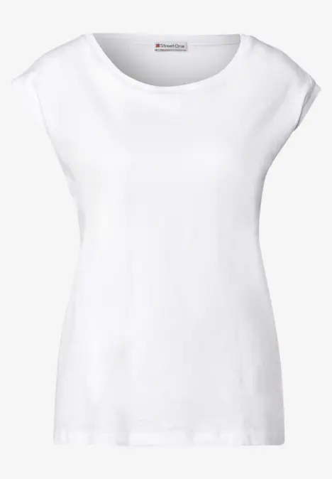 Weißes Damen-T-Shirt mit Rundhalsausschnitt.
