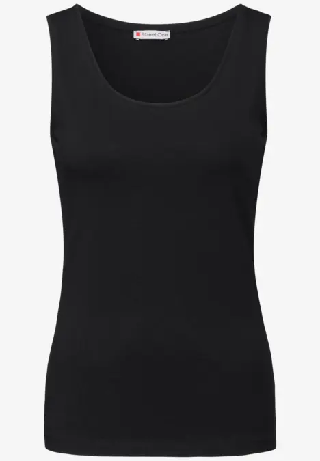 Schwarzes ärmelloses Tanktop aus Baumwolle, klassischer Rundhalsausschnitt.