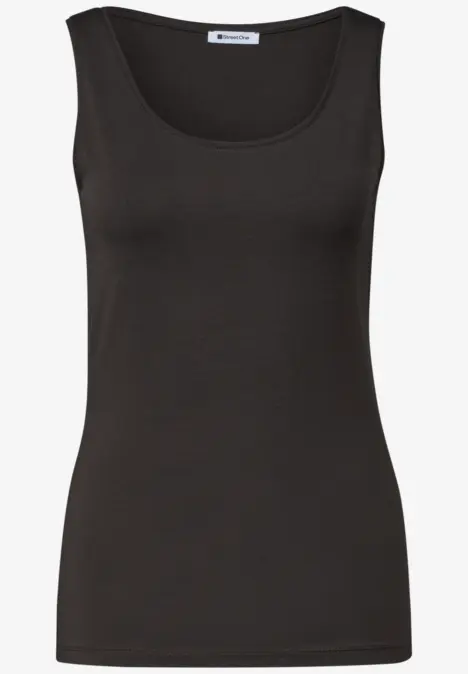 Schwarzes ärmelloses Damen-Shirt mit rundem Ausschnitt.