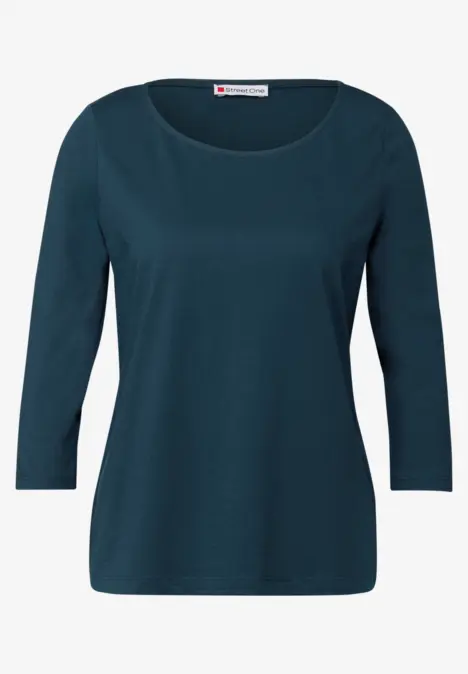 Dunkelblaues Damen-Shirt mit 3/4-Ärmeln und Rundhalsausschnitt.