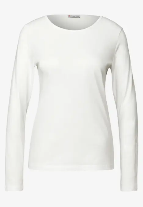 Weißes, langärmeliges Damen-Shirt mit Rundhalsausschnitt.