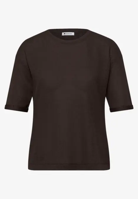 Schwarzes T-Shirt mit kurzen Ärmeln und rundem Halsausschnitt.