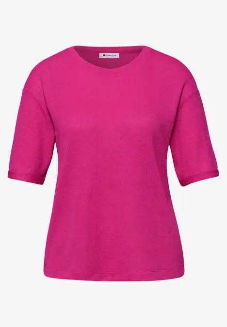 Fuchsiafarbenes Damen-T-Shirt mit halblangen Ärmeln und Rundhalsausschnitt.