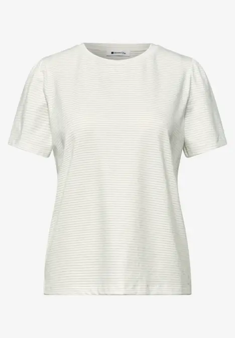 Weißes kurzärmeliges T-Shirt mit Rundhals und feinem Streifenmuster