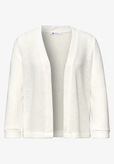 Weiße, offene Strickjacke mit langen Ärmeln und leichter Textur.
