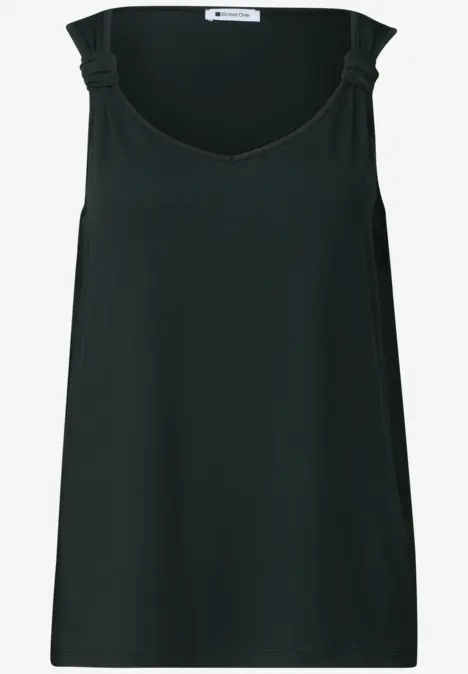 Schlichtes, ärmelloses Top in Schwarz mit V-förmigem Ausschnitt und dekorativen Knoten an den Schultern.