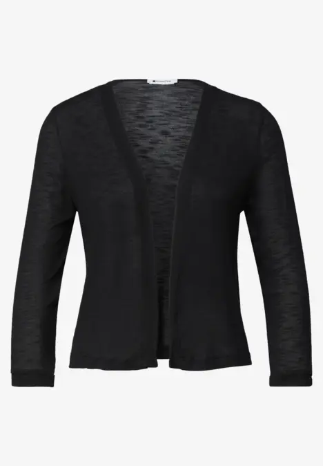 Schwarze, offene Strickjacke mit dreiviertel Ärmeln und V-Ausschnitt.