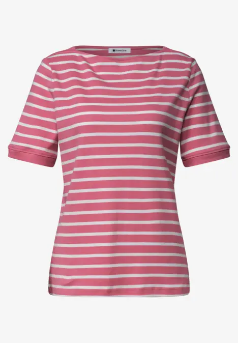 Ein kurzärmeliges Oberteil in Pink und Weiß mit horizontalen Streifen.