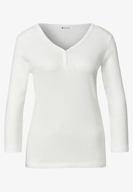 Weiße Damen-Langarmshirt mit V-Ausschnitt und Knopfleiste