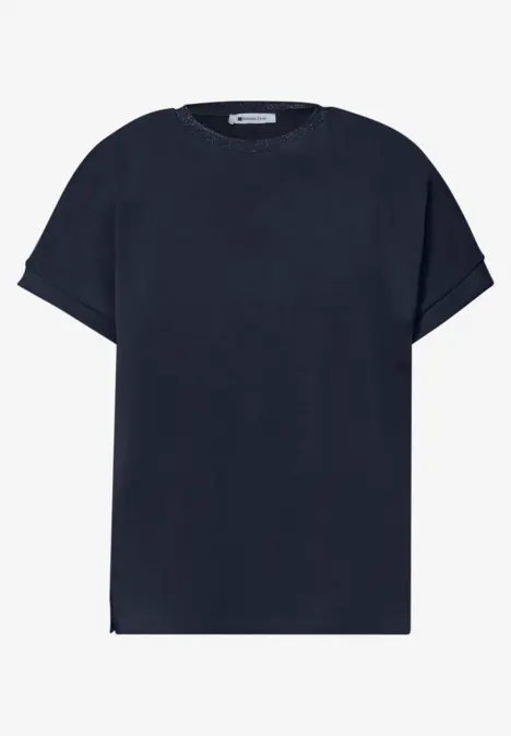 Dunkelblaues, schlichtes T-Shirt mit Rundhalsausschnitt und kurzen Ärmeln.