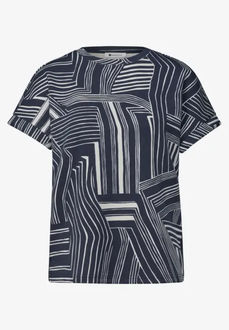 Marineblaues T-Shirt mit abstraktem weißen Streifenmuster.