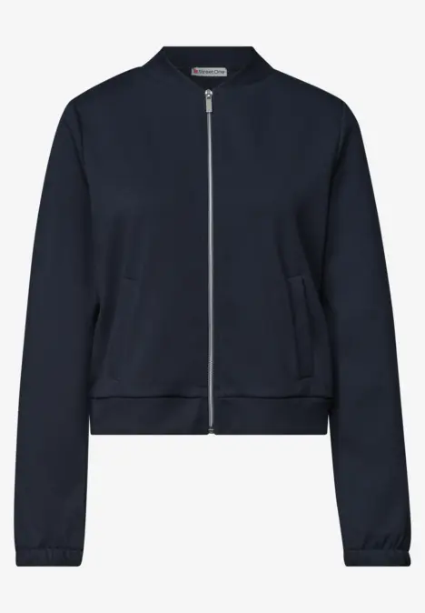 Dunkelblaue Bomberjacke mit durchgehendem Reißverschluss, zwei Taschen und gerippten Abschlüssen.