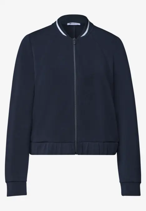 Dunkelblaue Bomberjacke mit Reißverschluss, geripptem Saum und Bündchen.