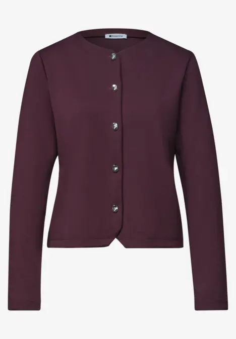Lässige, lange Strickjacke in dunklem Lila mit Knopfleiste und Rundhalsausschnitt.