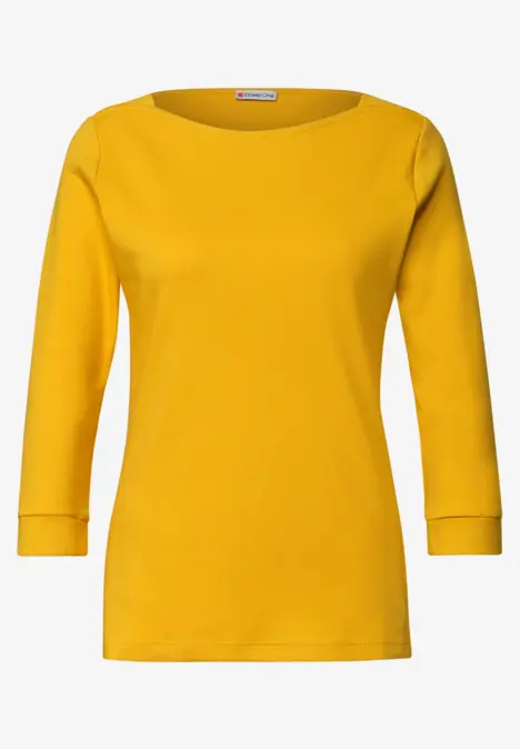T-shirt femme jaune uni à manches 3/4 et encolure ronde.