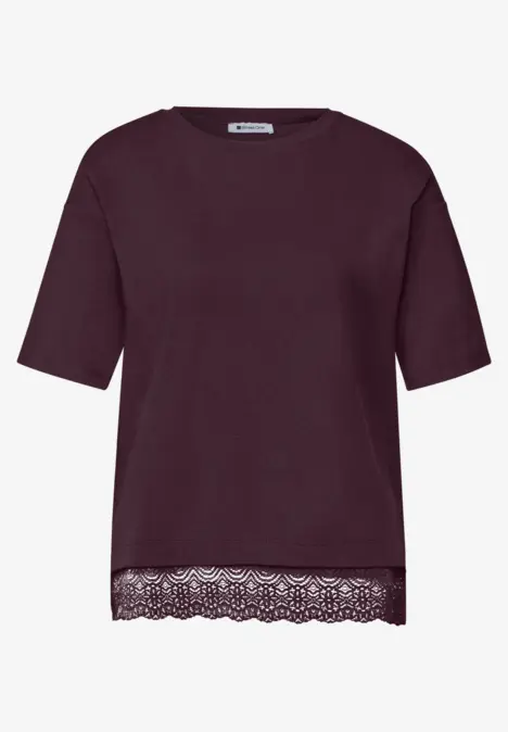 Bordeauxfarbenes T-Shirt mit kurzen Ärmeln und feiner Spitze am Saum