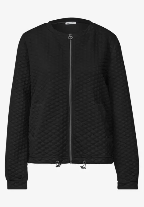 Schwarze, gesteppte Jacke mit Reißverschluss, Rundhalsausschnitt und Kordelzug am Saum
