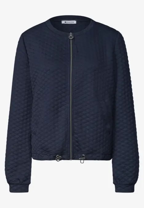 Schlichte marineblaue gesteppte Bomberjacke mit Reißverschluss, elastischen Bündchen und verstellbarem Saum.
