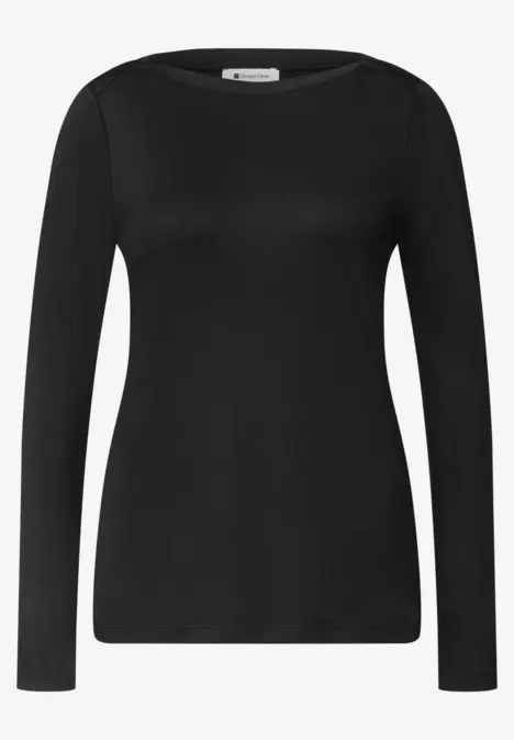 Schlichtes schwarzes Langarmshirt mit Rundhalsausschnitt.