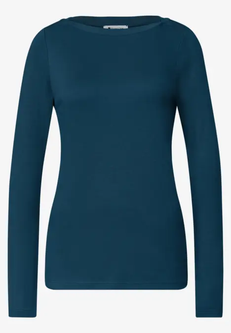 Damen-Langarmshirt in petrolblau, körpernah geschnitten