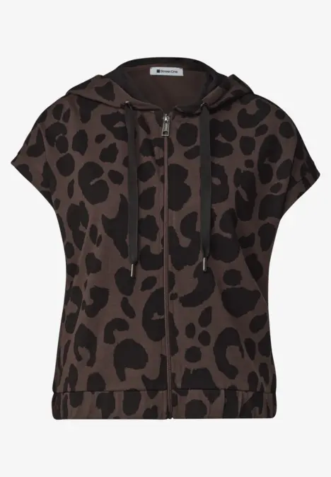 Ärmelloser Kapuzen-Sweater mit Reißverschluss und braunem Leopardenmuster