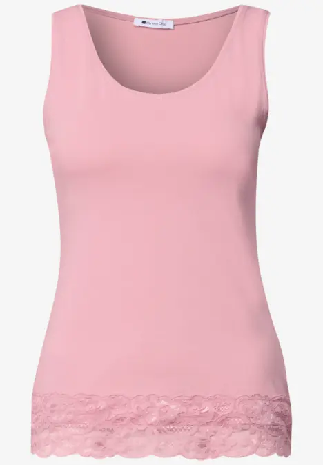 Top sans manches rose pour femme avec bordure en dentelle délicate