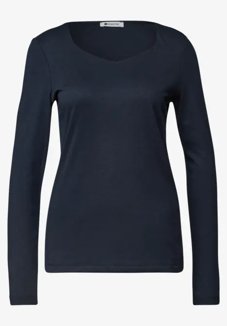 Dunkelblaues, schlichtes Damen-Langarmshirt mit Rundhalsausschnitt.
