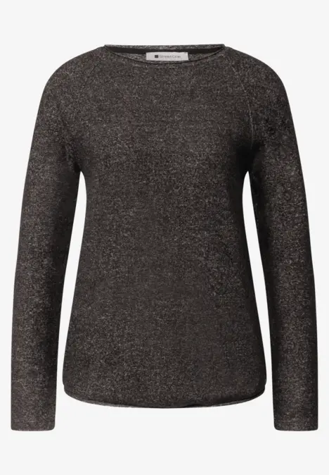 Dunkelgrauer, melierter Pullover mit langen Ärmeln und Rundhalsausschnitt.