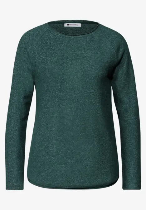 Dunkelgrüner Pullover mit langem Arm und Rundhalsausschnitt.