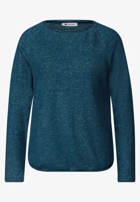 Dunkelblauer, melierter Pullover mit Rundhalsausschnitt und langen Ärmeln.