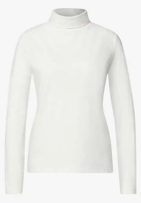 Weißes Damen-Shirt mit Rollkragen, langärmelig, schmaler Passform.