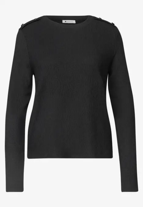 Schwarzer Pullover mit langen Ärmeln und Schulterapplikationen, schlicht und elegant.