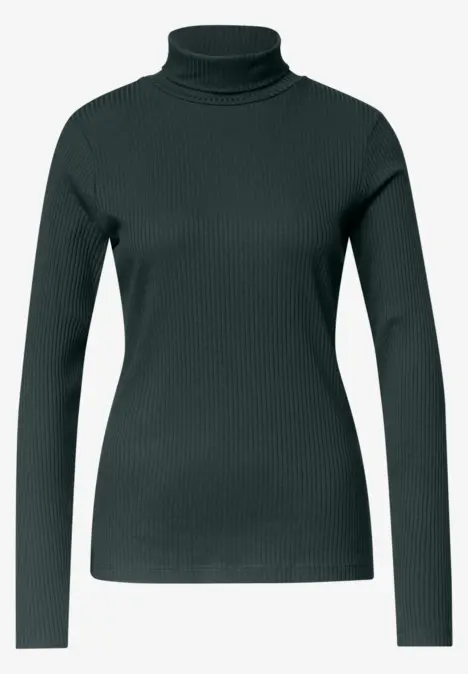 Damenstrickpullover mit Rollkragen und langen Ärmeln in dunklem Grün.