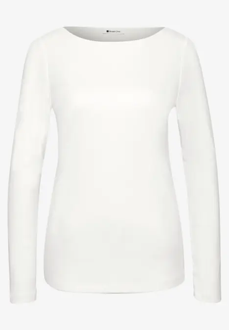 Schlichtes weißes Langarmshirt aus Baumwollmischung mit Rundhalsausschnitt.