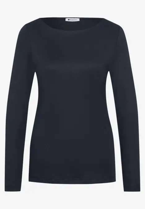 Schwarzes Langarmshirt mit rundem Ausschnitt, schmaler Passform und glatter Textur.