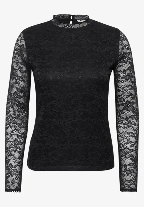 Schwarzes Spitzen-Longsleeve mit hohem Kragen und langen Ärmeln.