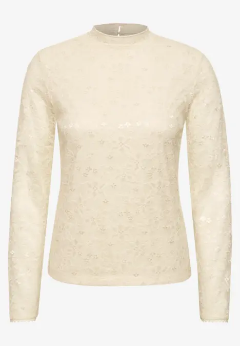 Beiges, semitransparentes Spitzen-Longsleeve mit Rundhalsausschnitt und langen Ärmeln.