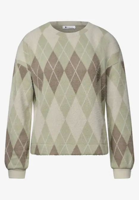 Pastellgrüner Strickpullover mit beigen und weißen Rautenmuster im Argyle-Stil, langärmelig, gerader Schnitt.