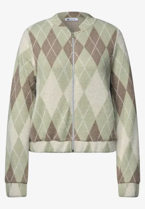 Kurz geschnittener Strick-Cardigan mit Zipper und Rautenmuster in Grün- und Beigetönen.