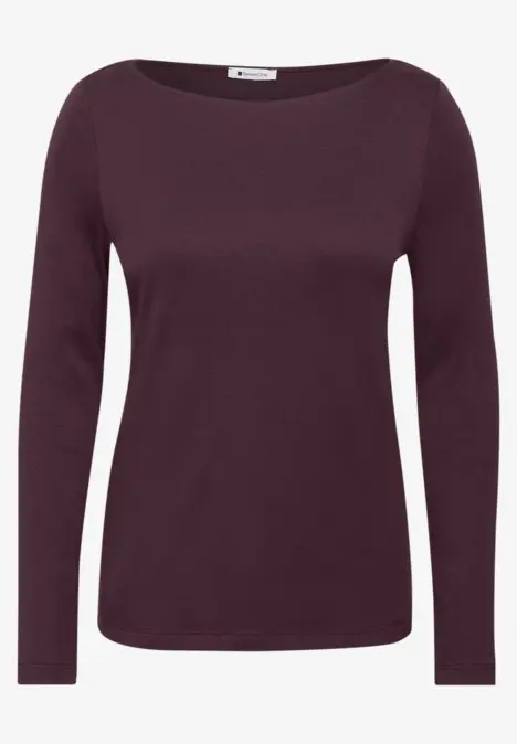 Dunkelrotes, langärmeliges Damen-Shirt mit Rundhalsausschnitt, schlichte Passform.