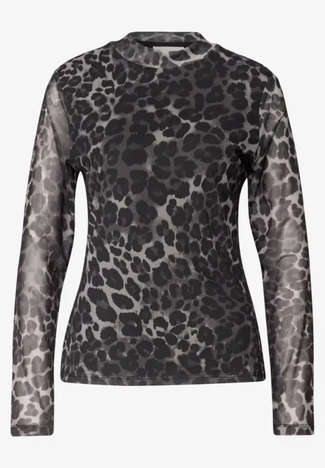 Damen-Longsleeve mit rundem Ausschnitt und transparentem Stoff in Schwarz-Grau mit Leo-Muster.