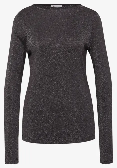 Graues, glitzerndes Langarmshirt mit Rundhalsausschnitt