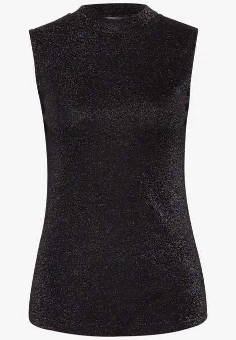 Ärmelloses schwarzes Top mit schimmerndem Glitzereffekt.